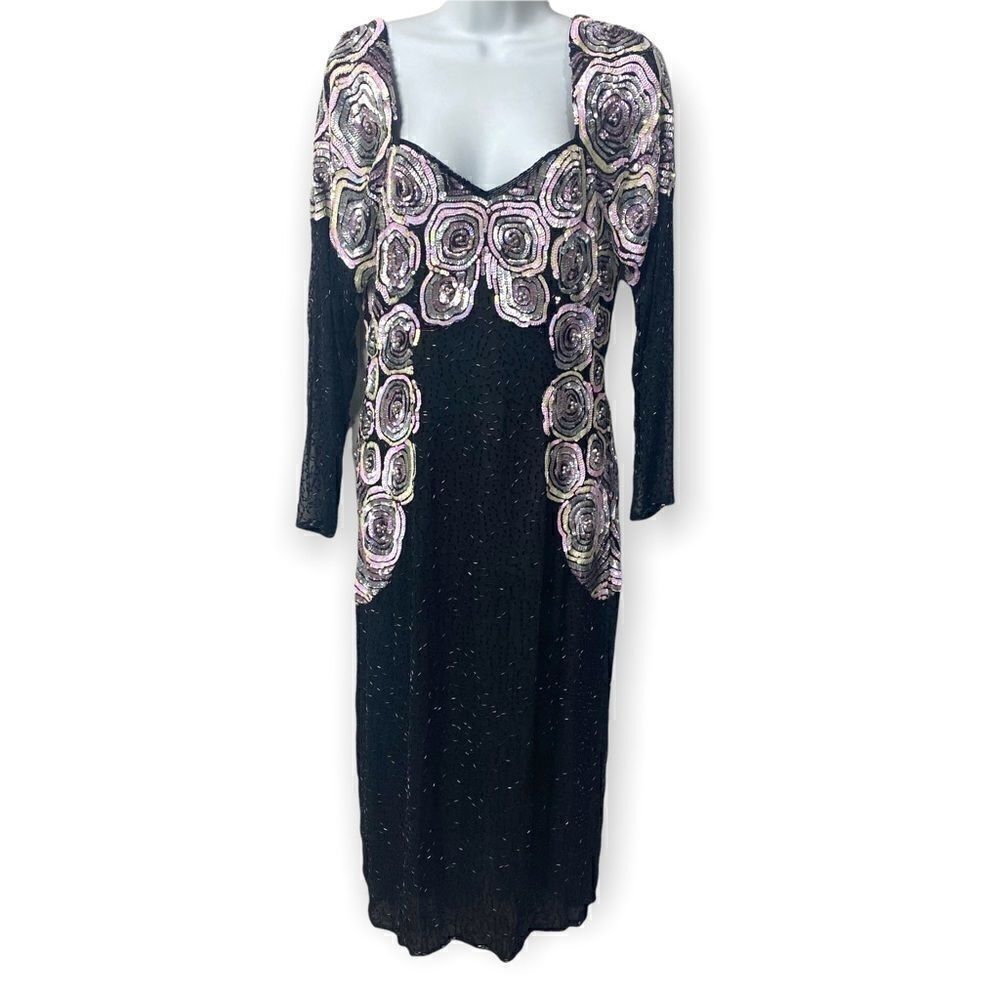 Life & Style Vintage Beaded Sequins Long Sleeve Black Dress